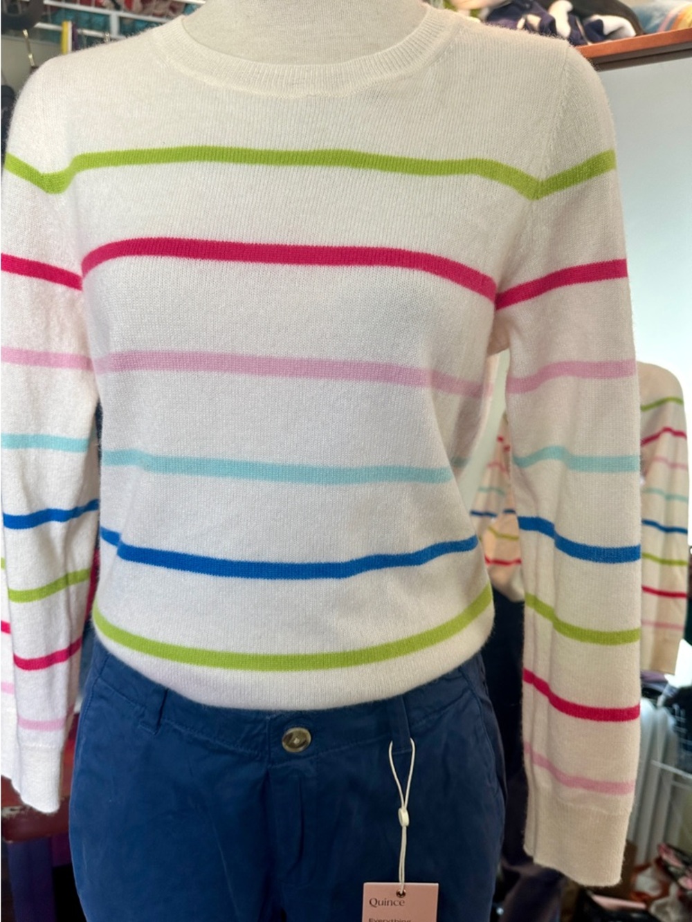 100% Cashmere Cynthia Rowley White Crewneck Sweater with Multi-Color Stripes